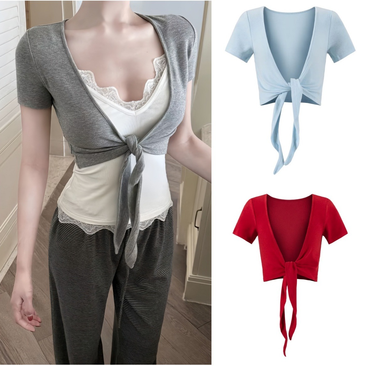 Flowy ribbon shawl short-sleeved cardigan T-shirt women's summer pure and sexy hot girl tie-up short high waist outerwear top