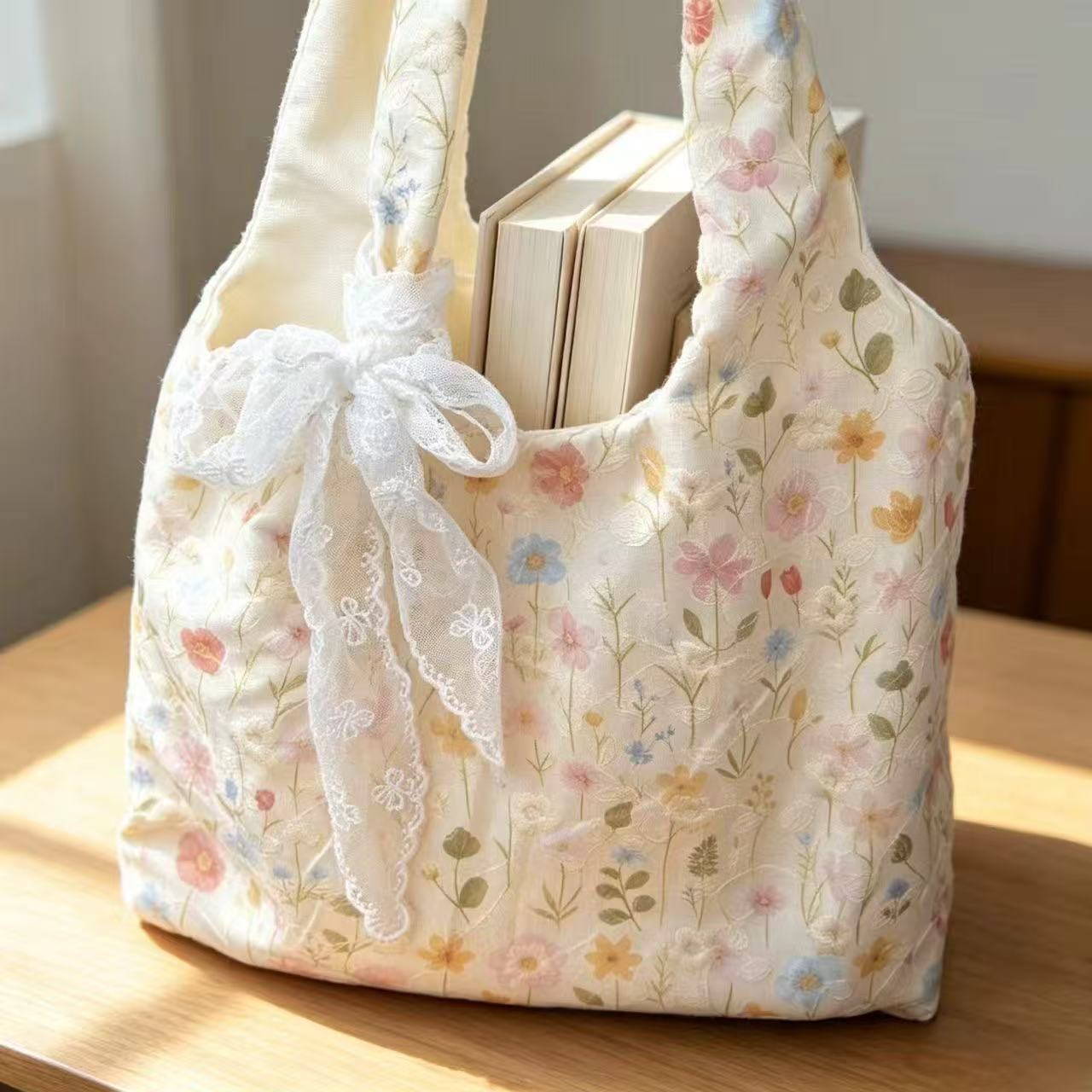 Small floral print canvas tote bag, Korean style, trendy, perfect for college students, suitable for commuting, handbag, shoulder bag.