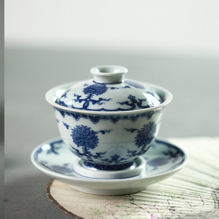 Jingdezhen "waiting for the moon to watch the mountain" point worker wrapped branches cover bowl master cup set tea pot hand-painted blue and green ceramic