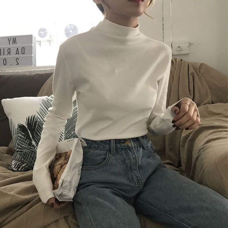 10 색 재고 가을과 겨울 새로운 독일 벨벳 슬림 핏 따뜻한 단색 티셔츠 여성용 세미 하이 칼라베이스 셔츠 최고 여성