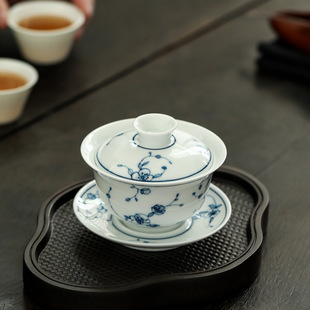 Blue and white porcelain cover Bowl antique underglaze hand painted ceramic cover bowl large single three-piece tea making pure hand painted Plum Blossom full color