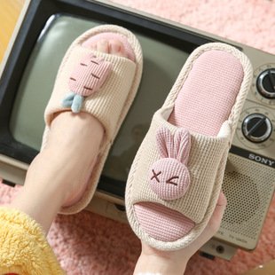 Cute cartoon linen slippers women's summer indoor home couple sandals non-slip cotton and linen mute slippers wholesale