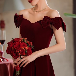 Toast Dress Bride 2025 New wine red Wedding Engagement Dress Women's Small Back Door dress Shoulder
