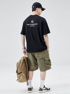 Summer Men's T-shirt American Style Trendy Brand Pure Cotton Letter Printing Loose Short Sleeve Round Neck Summer Men's Black Half Sleeve