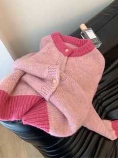 2024 Korean style color matching round neck knitted cardigan small gold button new fashion foreign style knitted jacket