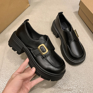 Loafers Women's Thick Sole 2024 Autumn and Winter New Thick Heeled British Style Casual Velcro Middle Heeled Small Leather Shoes for Women