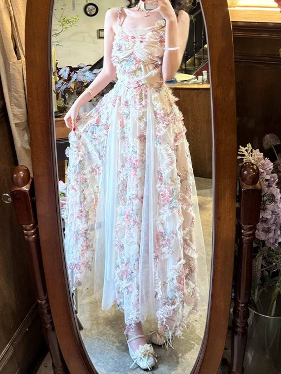 French-Style Vacation Strap Dress for Women 2026 Summer Floral High-End Mesh Dress