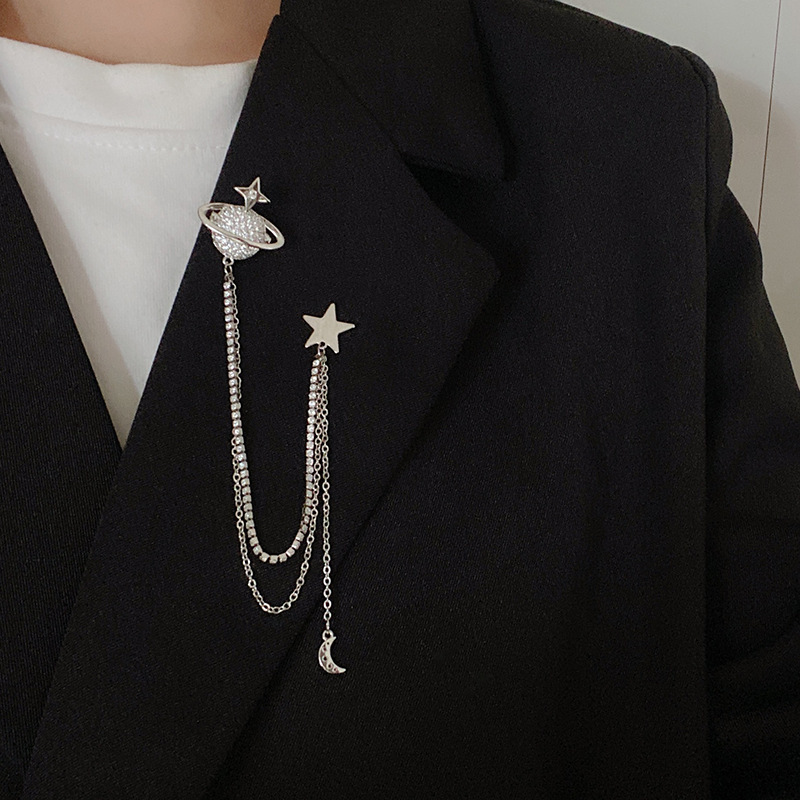 Korean Planet Star Collar Pin Buckle Chain Brooch Exquisite Stylish Trendyy Men's Suit Accessories Elegant Corsage Decoration