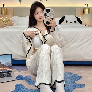 Women's Pajamas with Chest Pad Spring and Autumn Cotton Long Sleeve Sweet Cardigan with Chest Pad plus size Home Clothes suit Can Wear