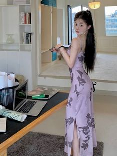 Super fairy Autumn wear high-grade ink printing slim temperament dress elegant chic backless slimming suspender skirt