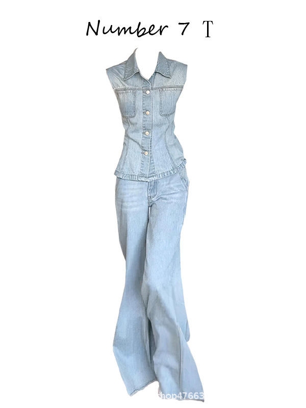 2025 Spring & Fall Street Style High-End Age-Reducing Fashion Blue Sleeveless Denim Top and Pants Two-Piece Suit for Women