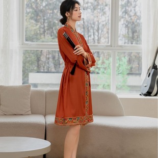 New Elegant Ice Silk Nightgown Women's Summer plus size Spring Autumn Long Sleeve Long Nightgown Bathrobe Chinese Style Home Clothes