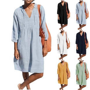 Spring European and American New Jacquard Cotton and Linen dress Amazon Explosive V-Neck Casual Loose Pocket dress