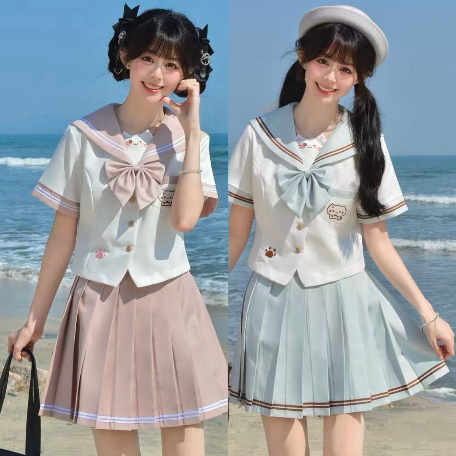 Long Set of Fresh College-Style Sailor Uniforms, Cute Original Cute Cat Design, Genuine Jk Uniform, Jk Waist-Cinching Short-Sleeve