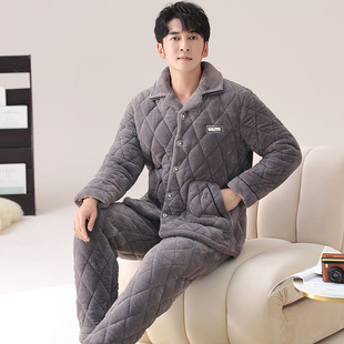 New Autumn and Winter Men's Quilted Pajamas Thickened fleece-lined Warm Flannel Home Clothes for suit and Winter