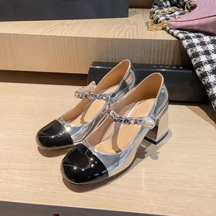 Miumiu Xiaoxiang Style Простроченные туфли на высоком каблуке на толстом каблуке Мэри Джейн Женские новые туфли с жемчугом Виноградная мама в том же стиле