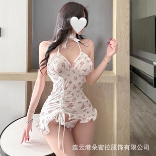 Domi La Hanging Neck Sweet Desire Small Floral Pleated Nightgown Exposed Groove Naked Back dress Sex Lingerie Sexy Pure Desire