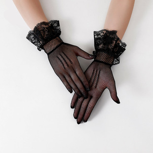 Cross-border bridal wedding gloves fishing net bow wedding dress lace gloves women elastic hollow wedding gloves