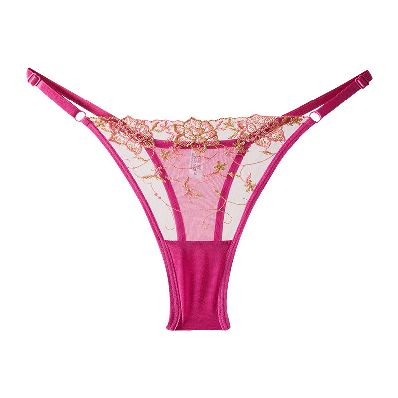 New mesh embroidered innerwear European and American style thong panties with adjustable straps, low-waisted sexy panties for young women, available for export.