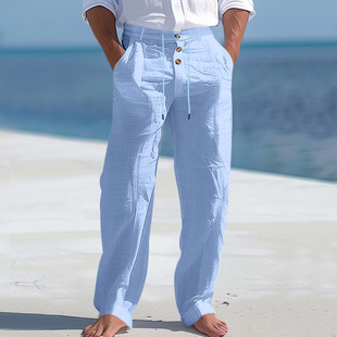 Cross-border American Men's Cotton and Hemp Pants Button Decoration Drawstring Summer Beach Pants Straight Solid Color Comfortable Breathable Pants