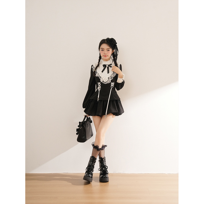 Unique Gothic Style Lace-Up Waist Vintage Lolita Lace Patchwork Dress + Shorts Two-Piece Set for Women