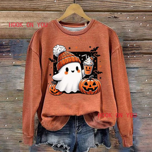 Women's Hoodie Cute Boo Pumpkin Sweatshirt Ghost Halloween Harajuku Girl Sweatshirt Long-Sleeved Jacket O-Neck