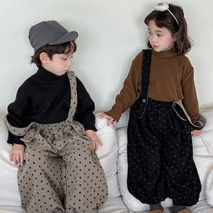 Jiaye Children's 2024 Winter Wave Dot fleece-lined Strappy Pants for Boys and Girls Baby Thickened Bloomers Casual Trousers