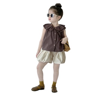 2024 Summer New Children's Wear Korean Style Children's Wear Girls' Double Collar Single-breasted Shirt Solid Color Sleeveless Shirt