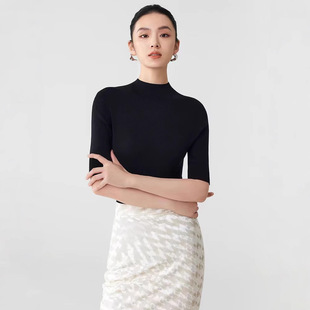 Yangtze Yarn Seamless One 100 Merino Wool Crewneck Half Sleeve Knitted Sweater Half Sleeve Base All-match T Women