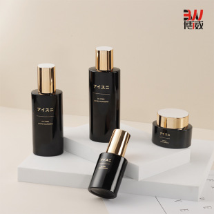 Cosmetic Packaging Manufacturer 100ml Water Emulsion Set 40ml Press Bottle 50g White Golden Cap Black High-End Glass Bottle