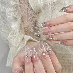 Popular online celebrity organza bow finished nail accessories black and white pink fabric mesh lace nail decoration