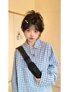 Vintage All-match Long-sleeved Plaid Shirt Women's Layered Casual Lazy Style Pattern Jacket Loose Slim-fit Shirt