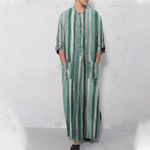 Spring Ethnic Clothing Men's Muslim Robe Southeast Asia Collar Door Tube Gradient Striped Long Sleeve Middle East Robe