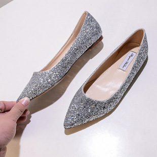 [Spot] a generation of champagne gold and silver pointed flat shoes female Bride wedding shoes show wedding dress