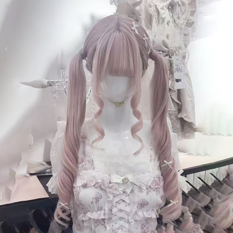 Light Pink Wig for Women, Tied into Two Ponytails, Long Curly Hair, Wavy, Sweet Lolita Style, Natural Full Head Wig