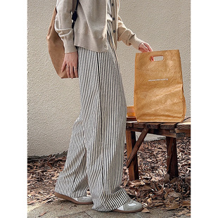 Loose Pinstripe Lace-up Casual All-match Wide-leg Pants Autumn High Waist Slimming Walking Pants Lazy Wind-down Trousers