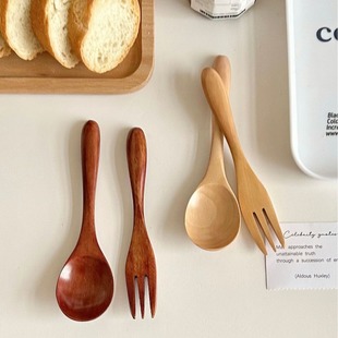 [Yuanjin bamboo] ins Japanese Lotus nanmu log fork spoon baby food supplement fork spoon high-end tableware suit