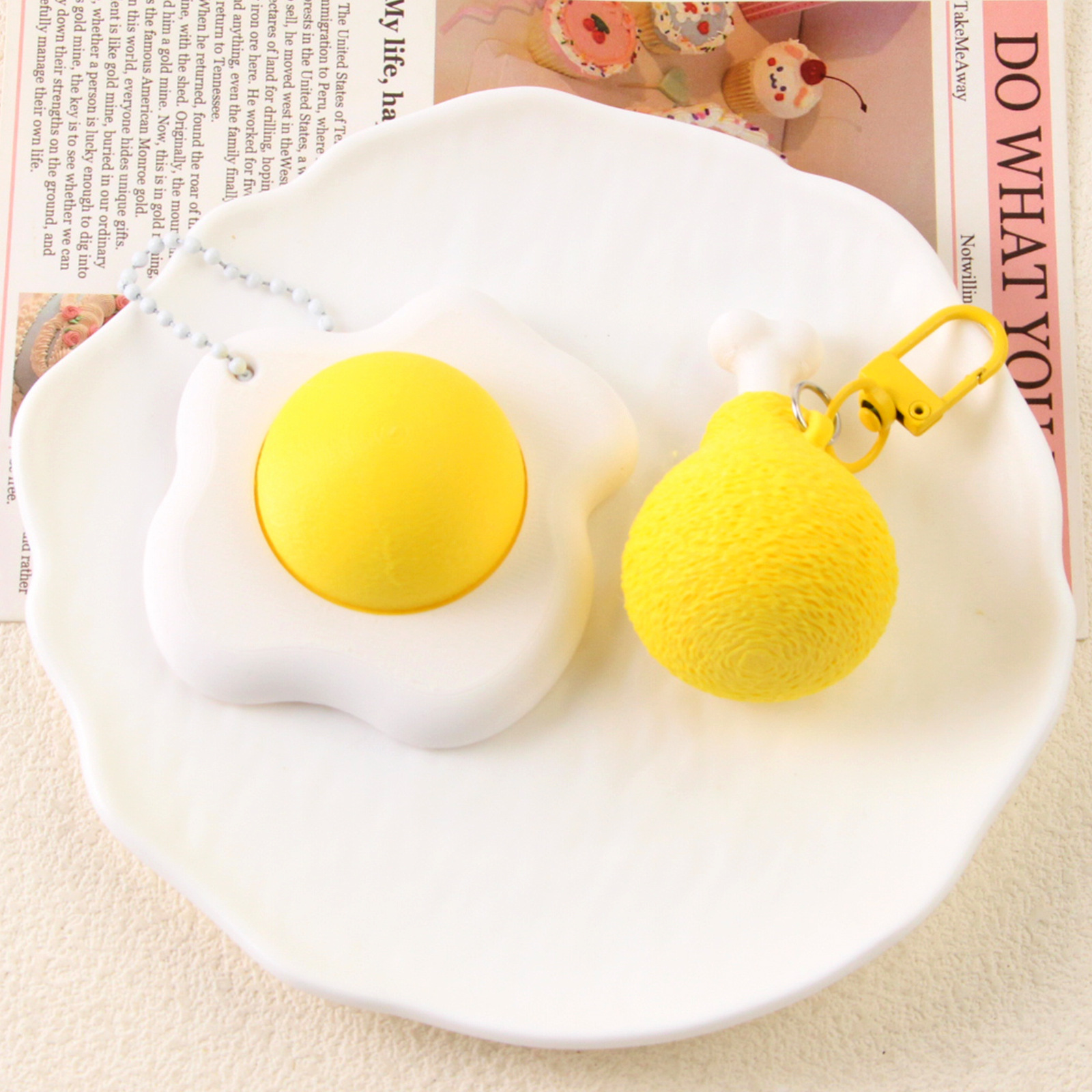 3D Printed Stress-Relief Button Clicker Creative Fried Egg Chicken Leg Keychain Bag Pendant Small Accessory