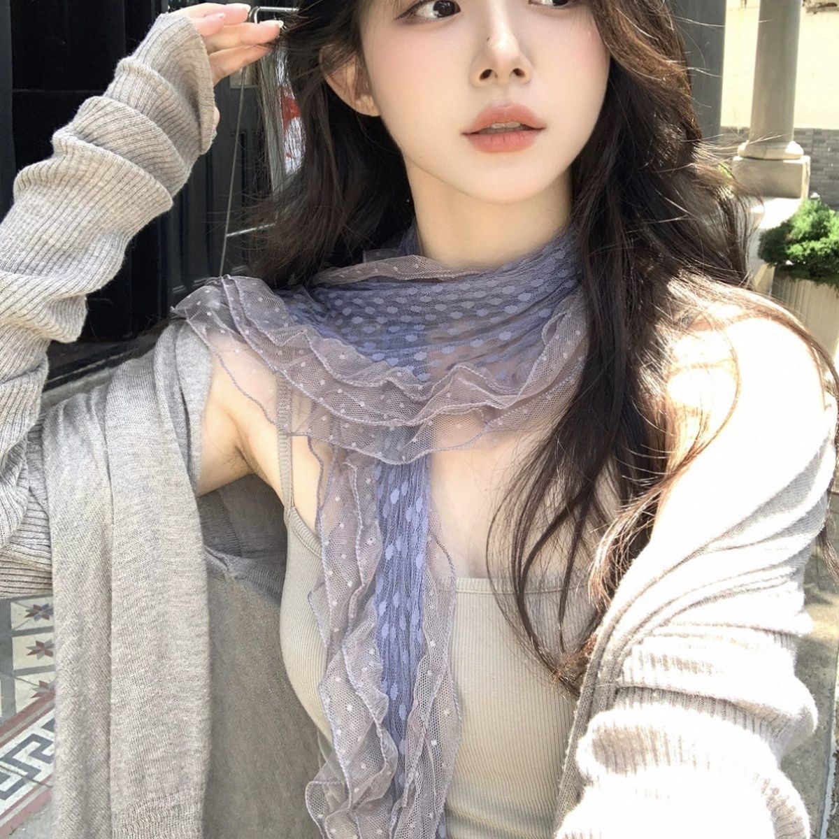 Fujii Shu's Same Style Gray-Blue Polka Dot Lace Scarf for Women, Summer Thin Purple Long Silk Scarf with a High-End Feel