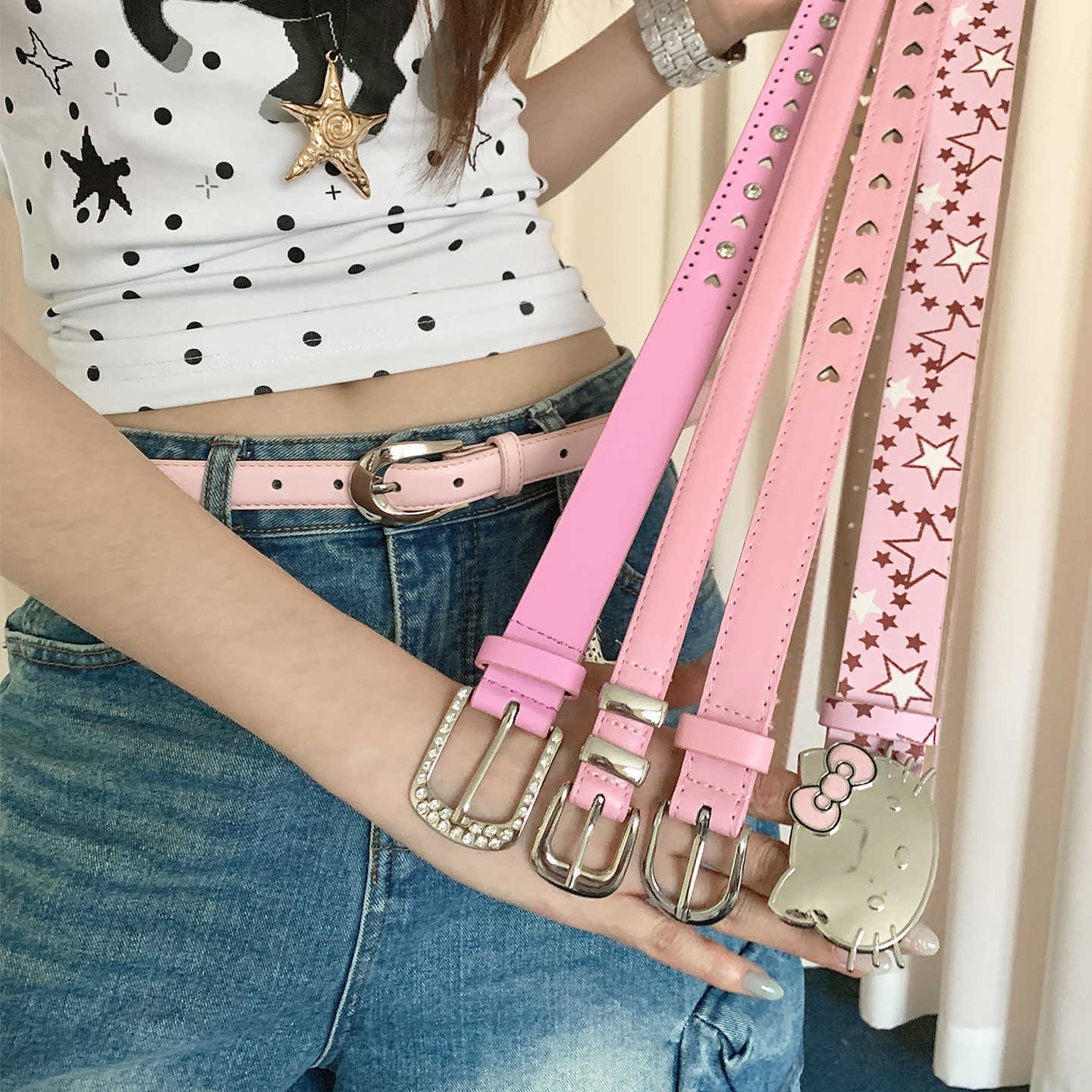 Sweet and Cool Style Y2K Pink Studded Belt for Women, Designer Heart-Shaped Thin Belt to Match Dresses and Jeans
