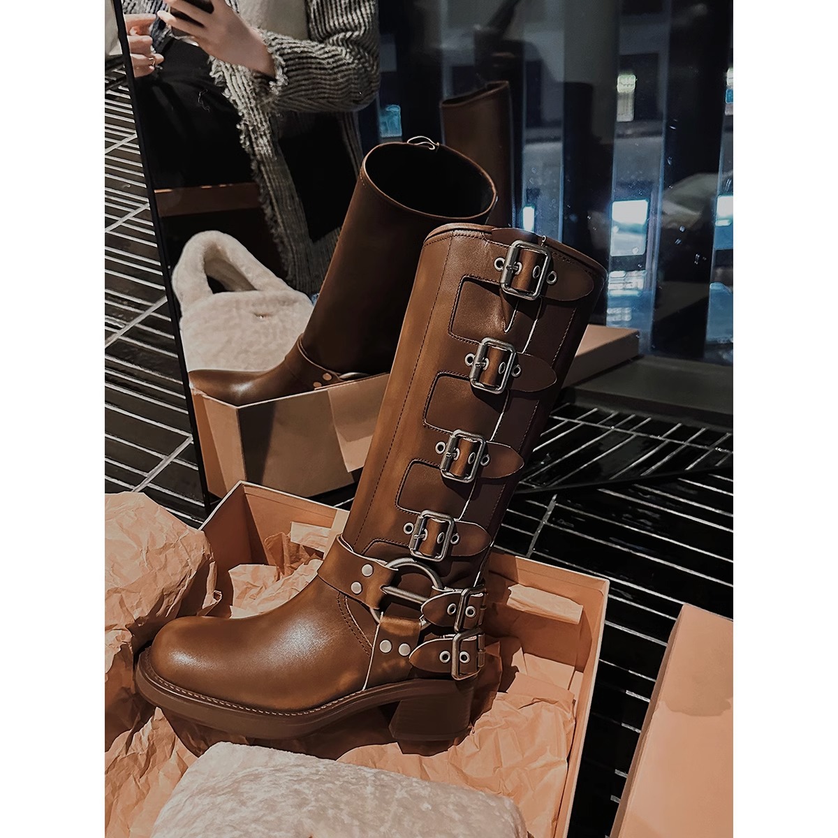 Cowhide Version ~ Thick Heel High Boots for Women 2025 Autum Meng Ling's Same Style Buckle Western Cowboy Boots Knight Fashion Boots