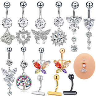 Foreign trade hot stainless steel belly nail AAA zircon butterfly pendant belly button body puncture jewelry
