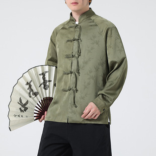 2024 New neutral new Chinese style Chinese style spring and summer bamboo leaf jacquard long sleeve stand collar shirt buckle Tang suit
