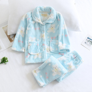 Autumn and Winter Children's Thickened Flannel Pajama Set Girls Coral Fleece Princess Cardigan Home Clothes