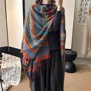 New Spring and Summer Women's Vintage Tassel Shawl Korean Ethnic Style Striped Stitching All-match Sun Protection High-end Sense Cloak