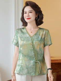 Mom's Summer Suit 2025 New Style Chiffon Shirt Short-Sleeved Middle-Aged and Elderly Women's National Style Tops Two-Piece Set