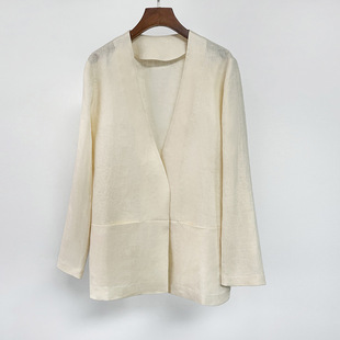 V-neck buckle-free linen suit ~ niche dry texture long sleeve one-word double pocket commuter simple coat spring and autumn