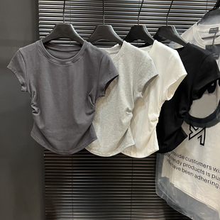 Crewneck Short-sleeved Women's Summer New Slim-fit Base Shirt Women's Inner Pure Desire Hot Girl Sexy Shoulder T-shirt Top