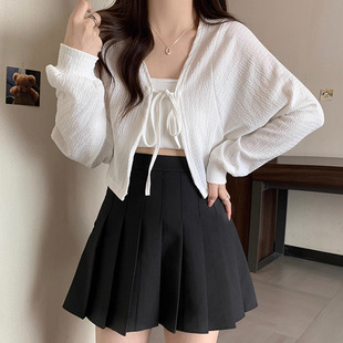 Cross-border Shawl Thin Cardigan Short Coat Women's Summer Niche All-match Strap Long Sleeve Lantern Sleeve Short Top