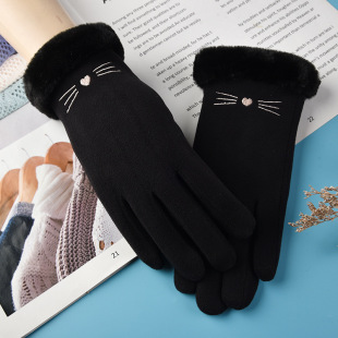 Suede gloves women winter plus velvet padded cycling finger gloves cute wool touch screen warm gloves wholesale